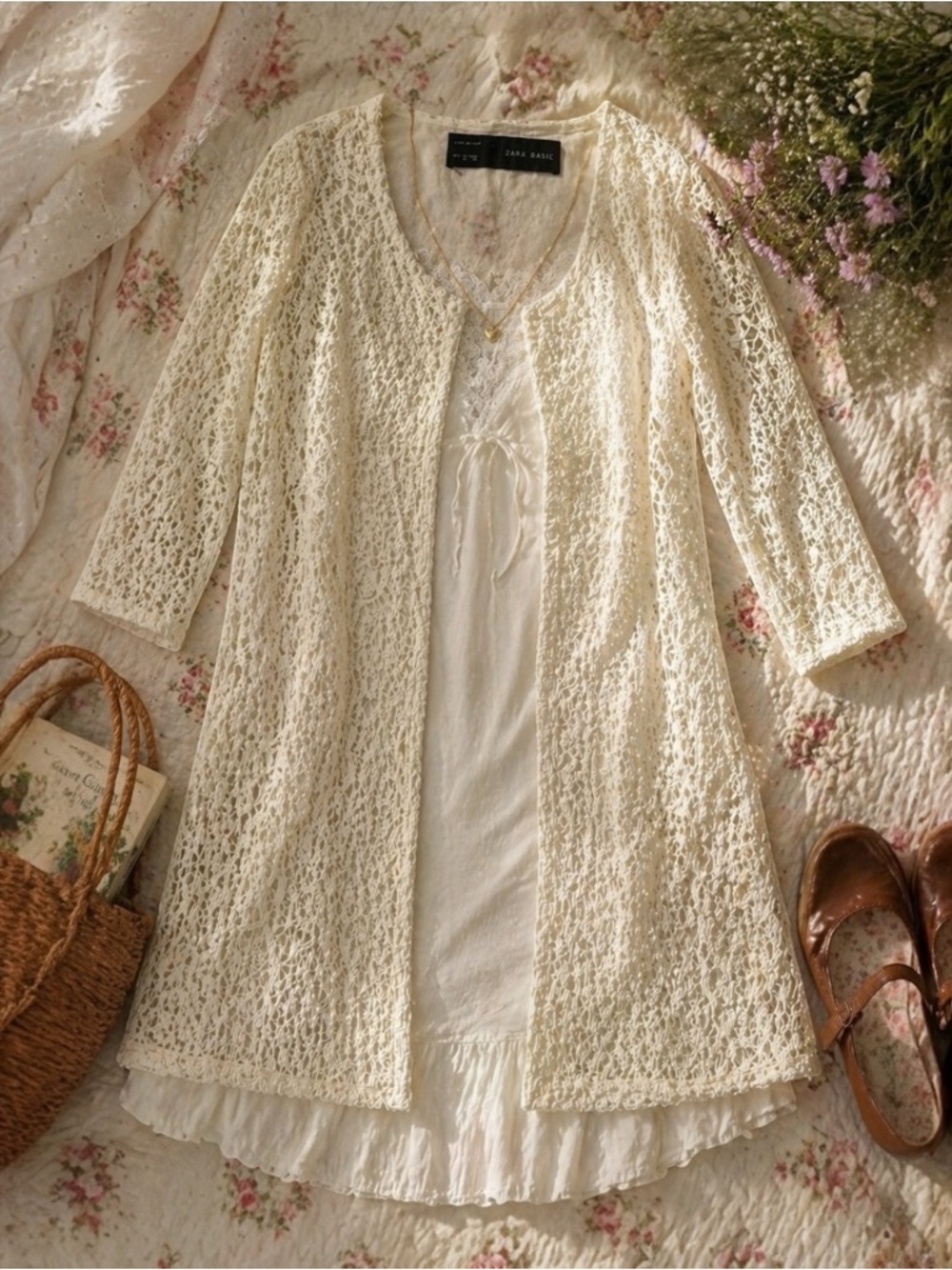 Zara Lace Duster Cardigan Cream Open Front Boho Cottagecore S